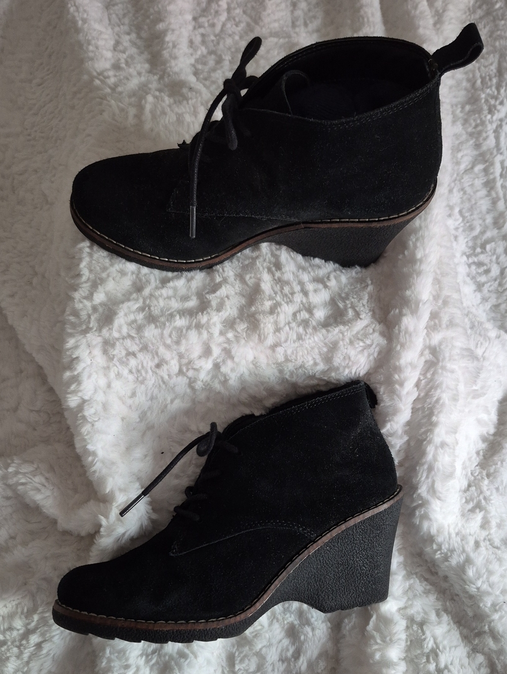 White Mountain Black Suede Lace-Up Wedge Ankle Booties
